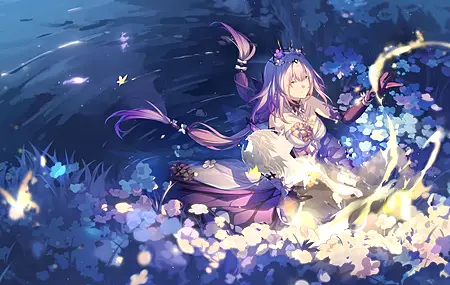插图 插画 少女 花 水 抱着 4K壁纸