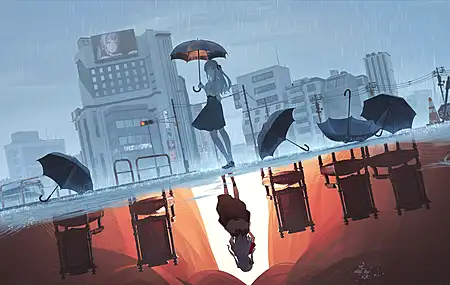 蓝发 长发 伞 镜子 城市 雨 红绿灯 4K壁纸