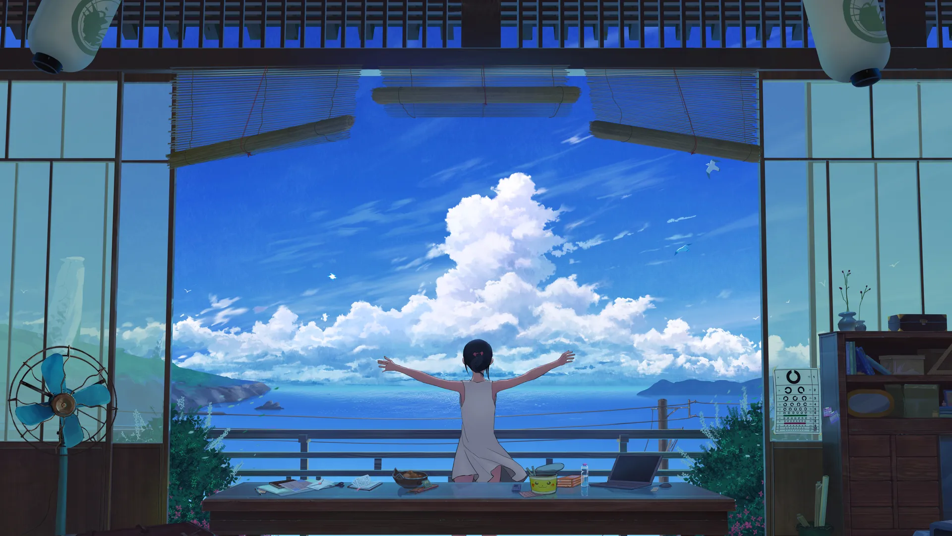 张开双臂 Z 零 夏天 云 皮卡丘 灯笼 手提箱 笔记本 电脑 信件 百叶窗 山 海鸥 风景 天空 动漫 女孩 白色连衣裙 水 桌子 风扇 海 4K壁纸