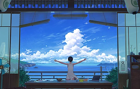 张开双臂 Z 零 夏天 云 皮卡丘 灯笼 手提箱 笔记本 电脑 信件 百叶窗 山 海鸥 风景 天空 动漫 女孩 白色连衣裙 水 桌子 风扇 海 4K壁纸