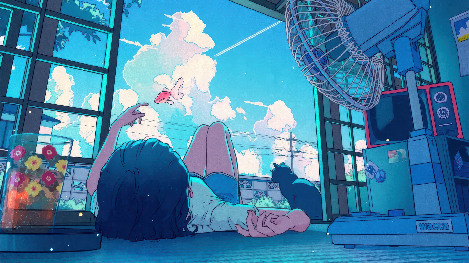 动画 漫画 夏天 云 天空 蝴蝶 动漫 女孩 猫 电视 鱼 花 蓝色 插图 灯 4K壁纸