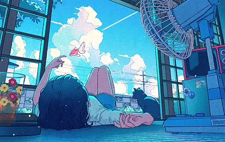 动画 漫画 夏天 云 天空 蝴蝶 动漫 女孩 猫 电视 鱼 花 蓝色 插图 灯 4K壁纸