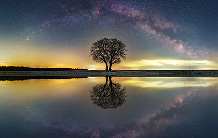自然 银河系 水 倒影 树木 恒星 4K壁纸