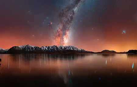 自然 景观 水 岩石 山 雪 树木 湖 观星 星团 银河 发光 8K壁纸
