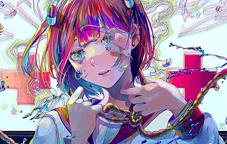 短发 女学生 多色眼睛 多色头发 动漫 女孩 水手制服 绳索 补丁 眼罩 哭泣 水滴 彩色 校服 创可贴 4K壁纸