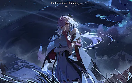 游戏 角色 粉红色头发 站立 女孩 户外 女人 呼啸波 衣服 夜空 星空 树叶 夜 星星 风 8K壁纸