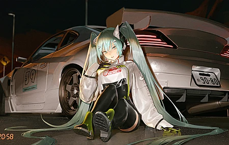 长发 微笑 全身 蓝色头发 蓝色眼睛 坐着 动漫 女孩 初音未来 汽车 赛车 4K壁纸