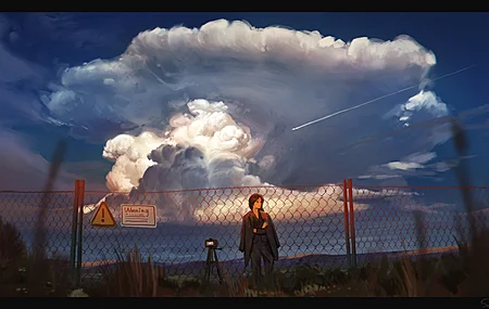女人 长发 黑发 插图 绘画 风景 阳光 云 天空 积雨云 自然 飞机 栅栏 4K壁纸