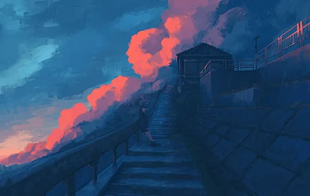 抬头 户外 女性 数字艺术 插图 楼梯 云 夜 光 雨滴 动漫 女孩 天空 栏杆 电线 城市 景观 4K壁纸