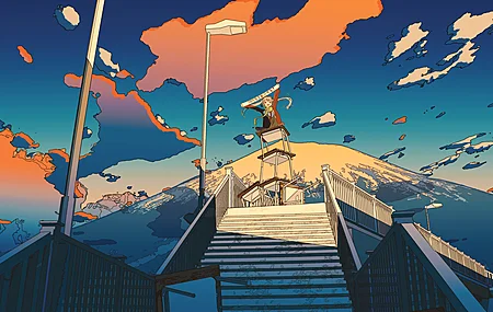女学生 微笑 张开嘴 数字艺术 插图 云 楼梯 初音未来 桥梁 新年 桌子 雪山 天空 栏杆 双胞胎 围巾 阳光 4K壁纸