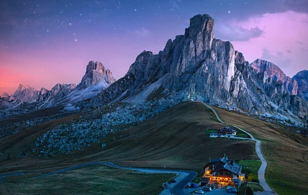 自然 风景 岩石 云 天空 夜 草 道路 星星 4K壁纸