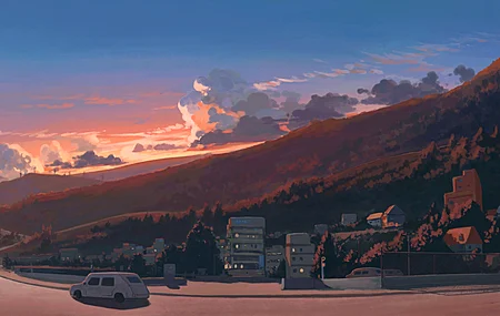 数字艺术 日落 车辆 山脉 道路 云 天空 插图 建筑 树木 风景 自然 8K壁纸