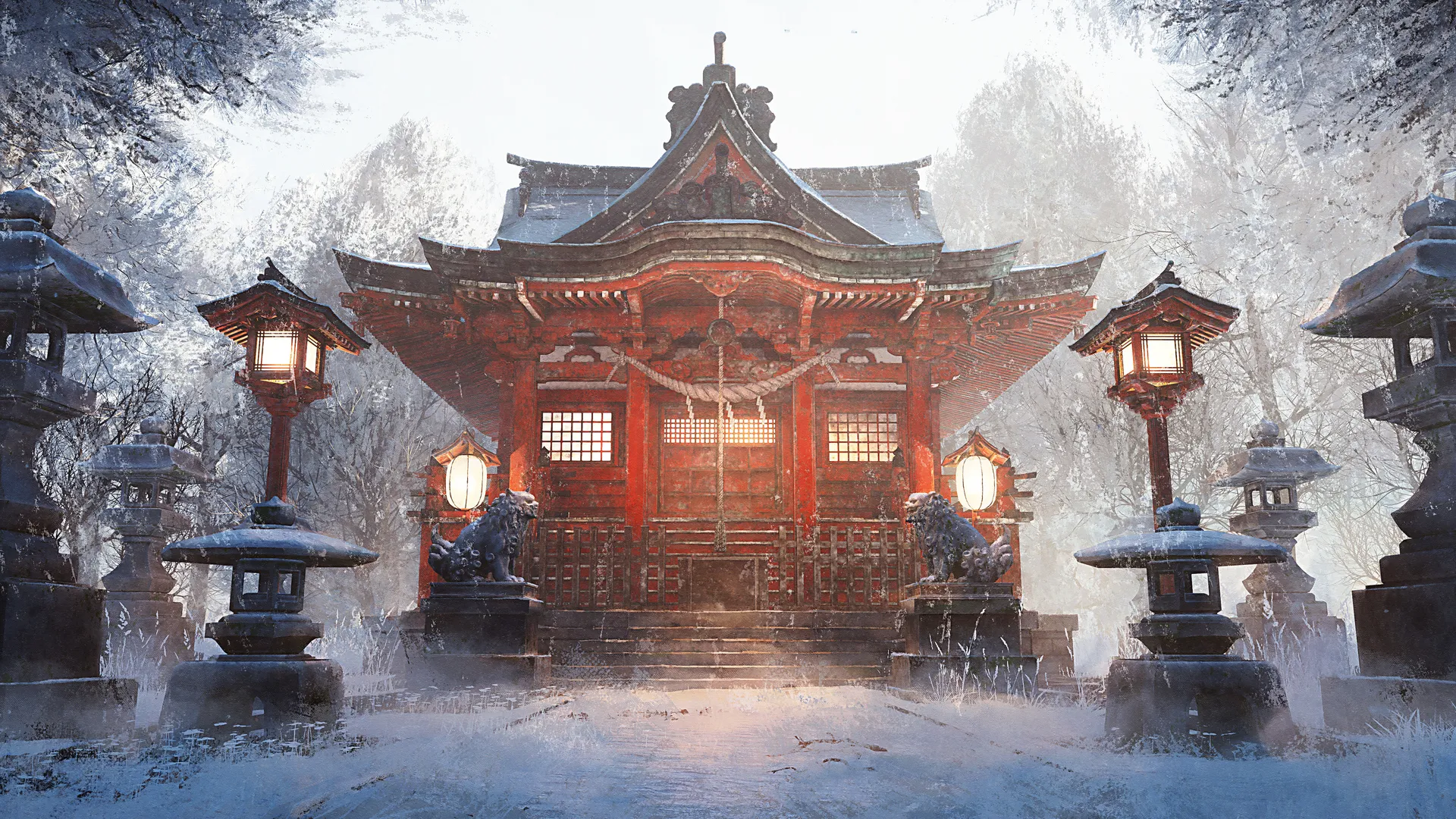 建筑 雾 雪 树木 灯笼 超宽 数字艺术 台阶 雕像 绳索 4K壁纸