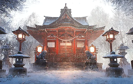 建筑 雾 雪 树木 灯笼 超宽 数字艺术 台阶 雕像 绳索 4K壁纸