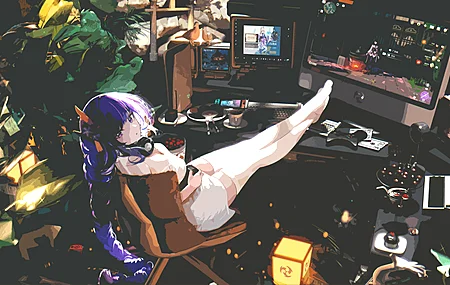 女性 蓝头发 马尾辫 游戏 玩家 紫头发 坐着 绘画 动漫 女孩 白色连衣裙 插图 白色丝袜 游戏室 4K壁纸