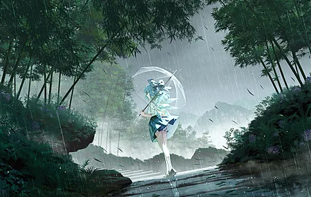 户外 女性 站立 蓝头发 蓝眼睛 走路 女学生 短发 雨伞 竹子 竹林 森林 雨 动漫 女孩 校服 4K壁纸