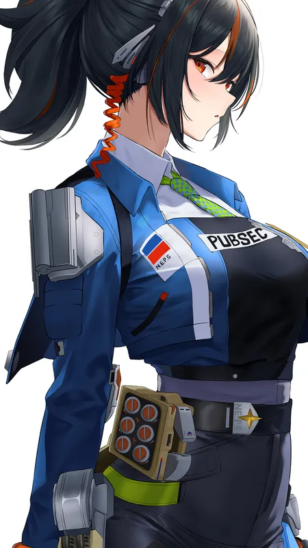 黑发 女性 角色 动漫 女孩 黑色裤子 蓝色夹克 武器 手机壁纸 4K壁纸