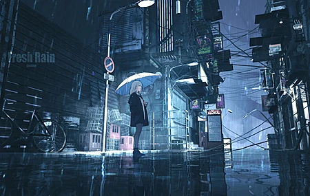 站立 长发 蓝眼睛 动漫 女孩 雨伞 风景 倒影 建筑 路灯 雨 标志 自行车 电缆 超宽 涟漪 水 4K壁纸