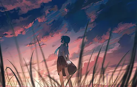 站立 蓝色头发 长发 初音未来 云 草 裙子 短袖 白衬衫 棕色裙子 双马尾 天空 校服 日落 4K壁纸