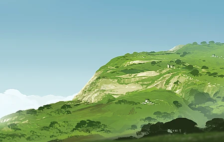 超宽 宽屏 插图 数字 绘画 风景 房屋 山脉 自然 树木 天空 绿色 云 4K壁纸