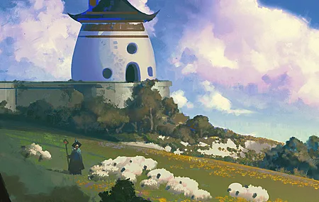 插图 数字 绘画 风景 田野 树木 云 羊 动物 自然 手机壁纸 4K壁纸