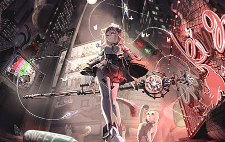长发 猫 女孩 动漫 骑士 动物耳朵 尾巴 户外 猫耳朵 猫尾巴 动物 红色裙子 4K壁纸