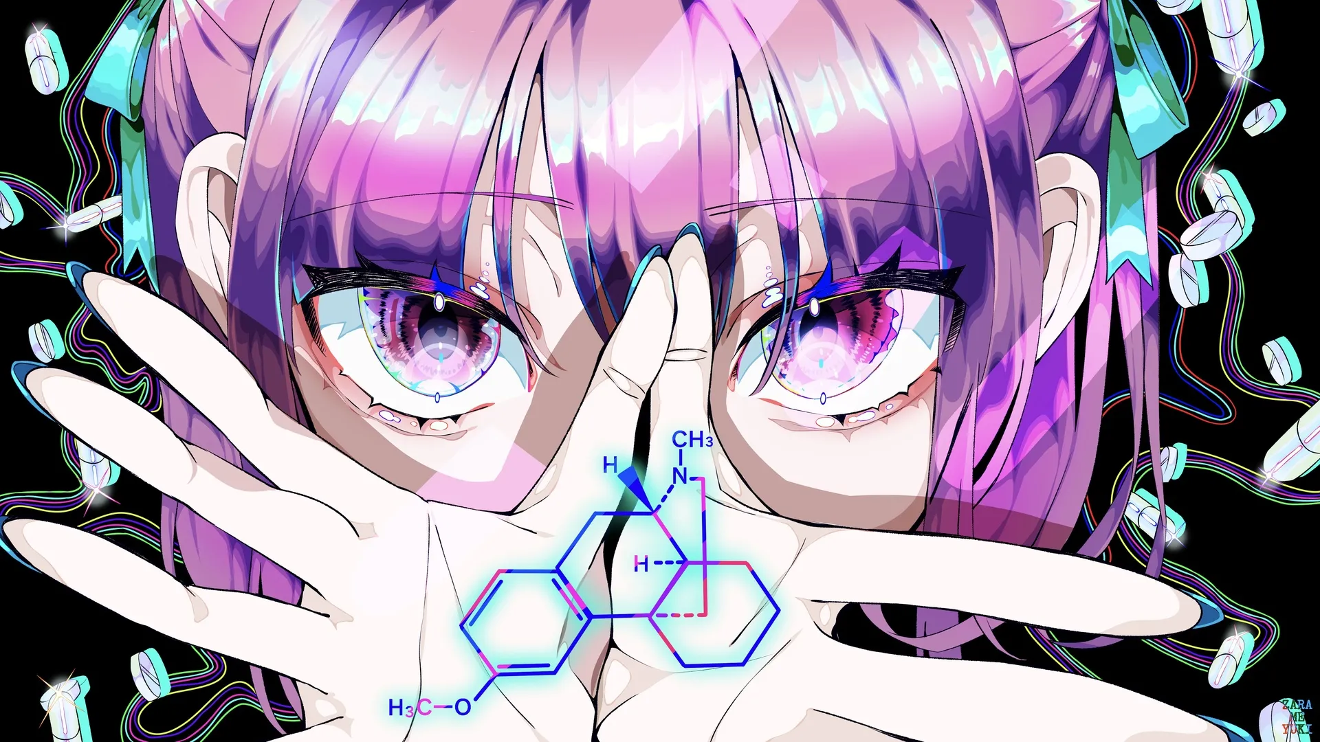 紫色头发手 手指 短发 脸 指甲 动漫 女孩 药物 化学结构 黑色背景 分子模型 药丸 眼睛特写 4K壁纸