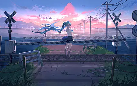 蓝色头发 长发 站立 蓝眼睛 女学生 户外 女人 初音未来 动漫 日落 水 天空 双胞胎 裙子 云 校服 草 铁路 电线杆 阳光 风 8K壁纸
