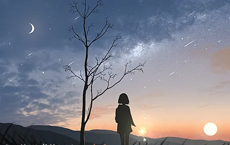 女性 短发 月牙 星空 草 云 动漫 少女 流星 自然 剪影 流星 星星 月亮 太阳 日落 树木 4K壁纸