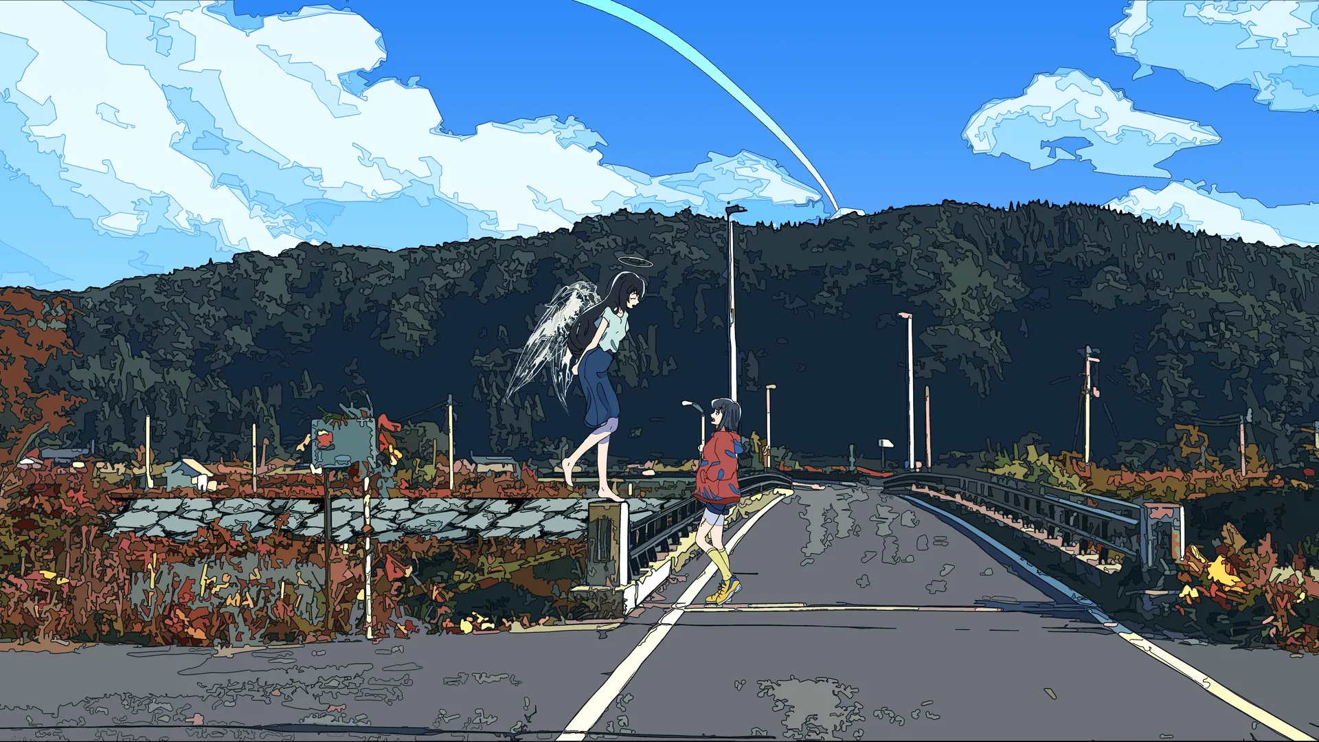 女性 赤脚 闭眼 长发 短发 插图 翅膀 超宽 街道 晴朗天空 桥梁 黑发 蓝色裙子 光环 路灯 电线 红色连帽衫 黄色鞋子 4K壁纸