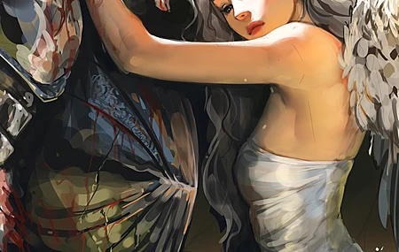 夫妇 骑士 拥抱 女人 长发 白发 坐着 插图 天使 翅膀 植物 鲜花 盔甲 白色连衣裙 阳光 手机壁纸 4K壁纸