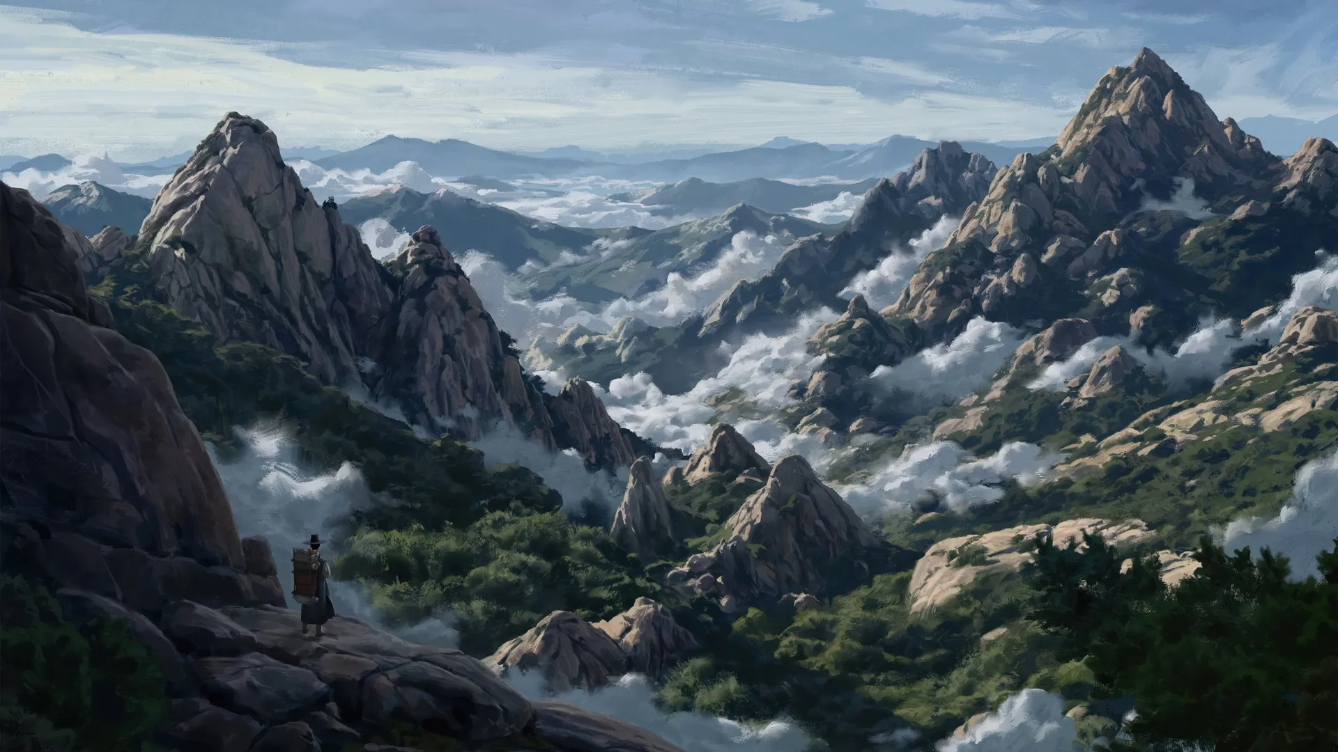 数字艺术 插画 数字绘画 风景 自然户外 群山 天空 云朵 男性人物 站立 岩石地貌 白昼日光 4K壁纸