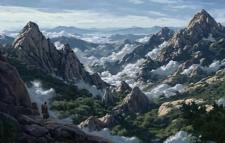 数字艺术 插画 数字绘画 风景 自然户外 群山 天空 云朵 男性人物 站立 岩石地貌 白昼日光 4K壁纸