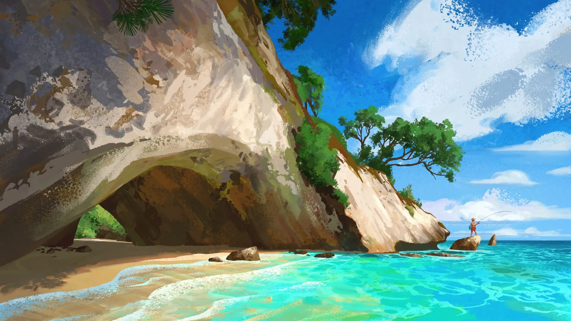 数字艺术 插画 数字绘画 自然风景 户外 海滩大海 水面 阳光 日光 云朵 男性人物 钓鱼 4K壁纸