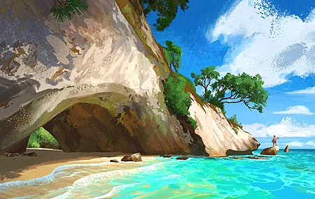 数字艺术 插画 数字绘画 自然风景 户外 海滩大海 水面 阳光 日光 云朵 男性人物 钓鱼 4K壁纸