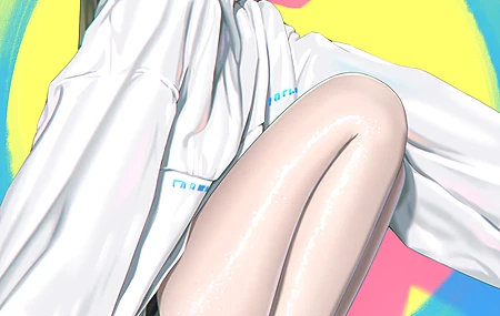 动漫少女 黑发长发 马尾 侧脸 看向侧面 口罩 蹲姿 双腿弯曲 全身人像 白色长袖毛衣 白色运动鞋 黄色简约背景 色彩丰富 手机壁纸 2K壁纸