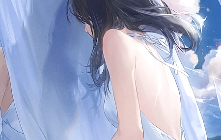 动漫少女 两位女性 黑发长发 户外站立 白色无袖露背夏日连衣裙 露肩 背影 牵手十指相扣 发丝飘动 有风 天空 蓬松积云 白色布单晾晒 人像构图 手机壁纸