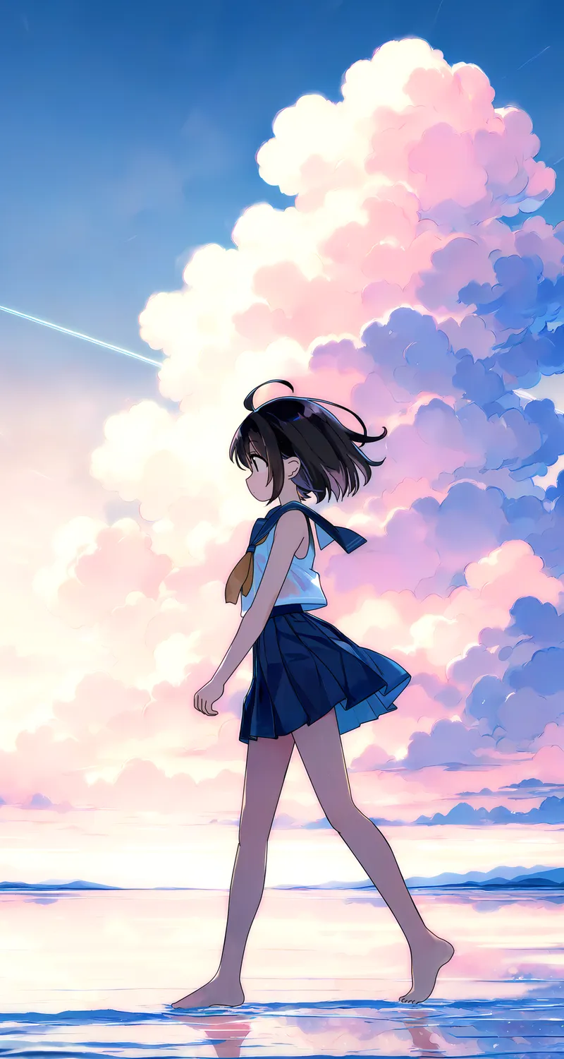 动漫少女 短发黑发 侧视 水手校服 百褶蓝裙 领巾 呆毛 赤脚行走 全身构图 露肩无袖上衣 天空 云朵 积云 水面倒影 地平线 飞机尾迹 户外少女 插画 手机壁纸 2K壁纸