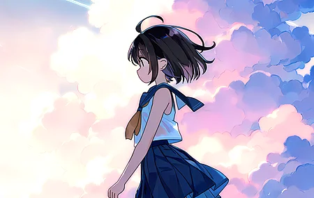 动漫少女 短发黑发 侧视 水手校服 百褶蓝裙 领巾 呆毛 赤脚行走 全身构图 露肩无袖上衣 天空 云朵 积云 水面倒影 地平线 飞机尾迹 户外少女 插画 手机壁纸 2K壁纸