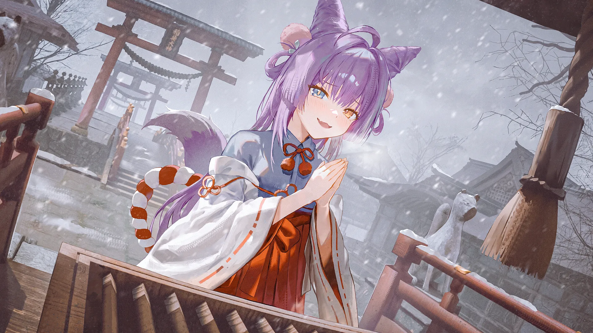 虚拟主播 紫吹天狐 紫发少女 站立 鸟居 植物 冬日雪景 古建筑 传统服饰 4K壁纸
