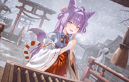 虚拟主播 紫吹天狐 紫发少女 站立 鸟居 植物 冬日雪景 古建筑 传统服饰 4K壁纸