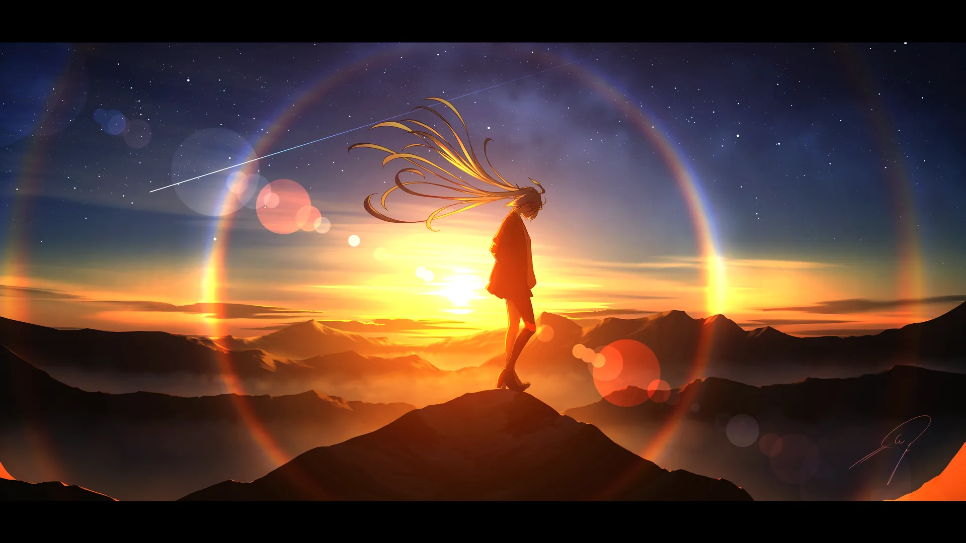 初音未来 动漫少女 全身 站立 户外自然 群山 日落 落日余晖 繁星天空 流星 发丝飘散 逆光轮廓光 超广视角 居中构图 镜头光晕 虚化光斑 宽屏电影构图 4K壁纸