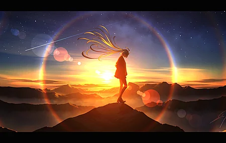 初音未来 动漫少女 全身 站立 户外自然 群山 日落 落日余晖 繁星天空 流星 发丝飘散 逆光轮廓光 超广视角 居中构图 镜头光晕 虚化光斑 宽屏电影构图 4K壁纸