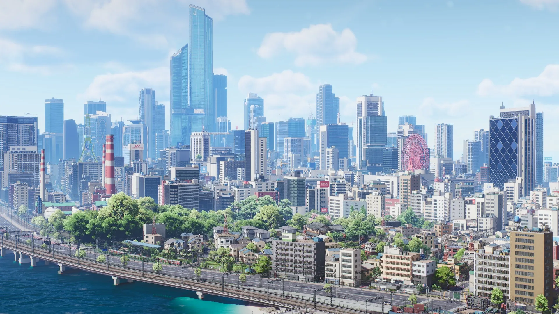 无限大 Ananta PC 游戏 CG 渲染 概念美术 鸟瞰俯视视角 都市城市全景 道路 摩天轮 摩天大楼 建筑 云朵 游戏场景风景 4K壁纸