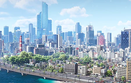 无限大 Ananta PC 游戏 CG 渲染 概念美术 鸟瞰俯视视角 都市城市全景 道路 摩天轮 摩天大楼 建筑 云朵 游戏场景风景 4K壁纸