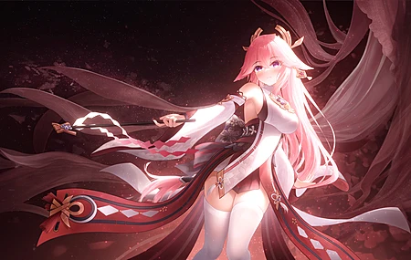 原神 八重神子 粉发长发 紫瞳 狐耳 站立 动漫少女 2K壁纸