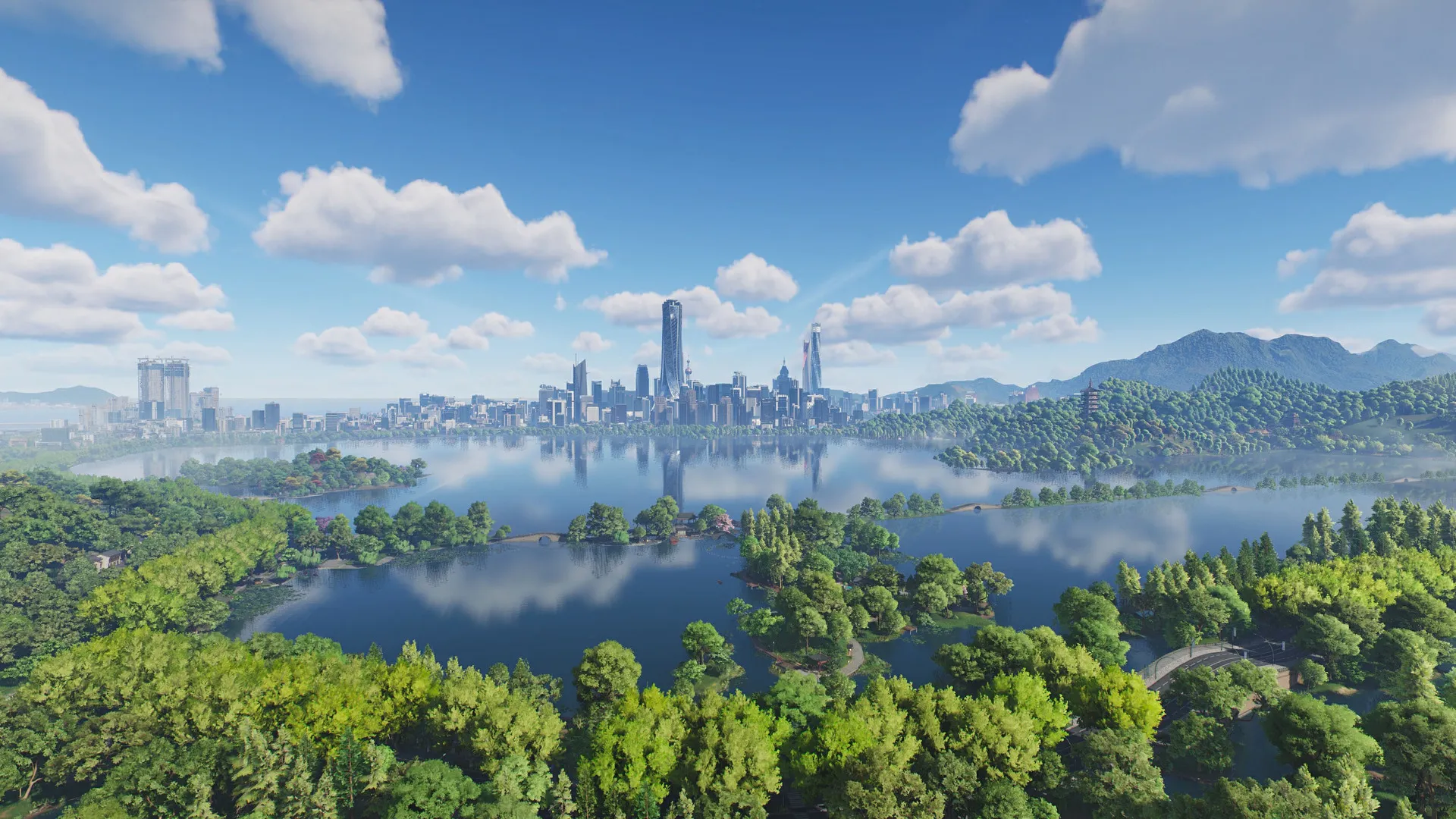 无限大 Ananta CG 三维渲染 概念美术 鸟瞰俯视视角 都市城市全景 森林 湖泊 群山 晴朗碧空 云朵 游戏场景风景 4K壁纸