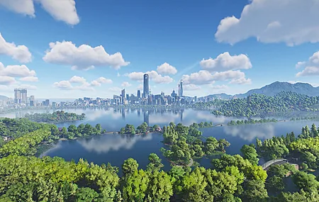 无限大 Ananta CG 三维渲染 概念美术 鸟瞰俯视视角 都市城市全景 森林 湖泊 群山 晴朗碧空 云朵 游戏场景风景 4K壁纸