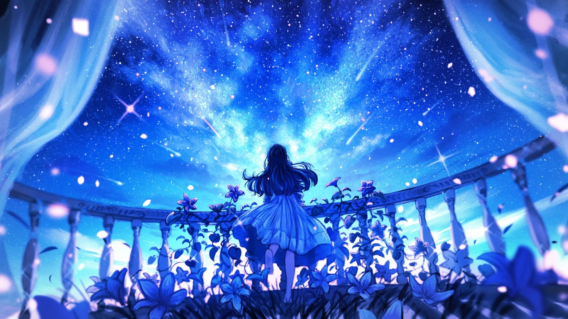 数字绘画插画 蓝色调 长发女性 阳台 星空夜空 花朵 居中构图 4K壁纸