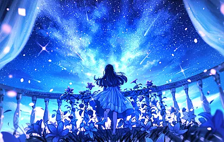数字绘画插画 蓝色调 长发女性 阳台 星空夜空 花朵 居中构图 4K壁纸